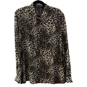 KARA vintage Brown Leopard Print 100% Silk button down shirt